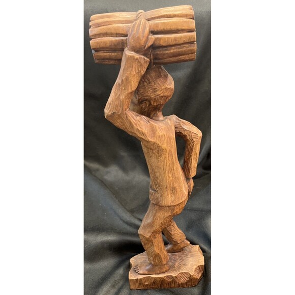 S. Valescot Signed Vintage Carved Wooden Sculpture of a Man Carrying Wood Hati - Picture 4 of 10